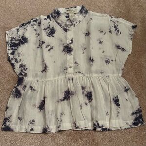Rachel Zoe White & Navy Tie-Dye Peplum Button-Up Top